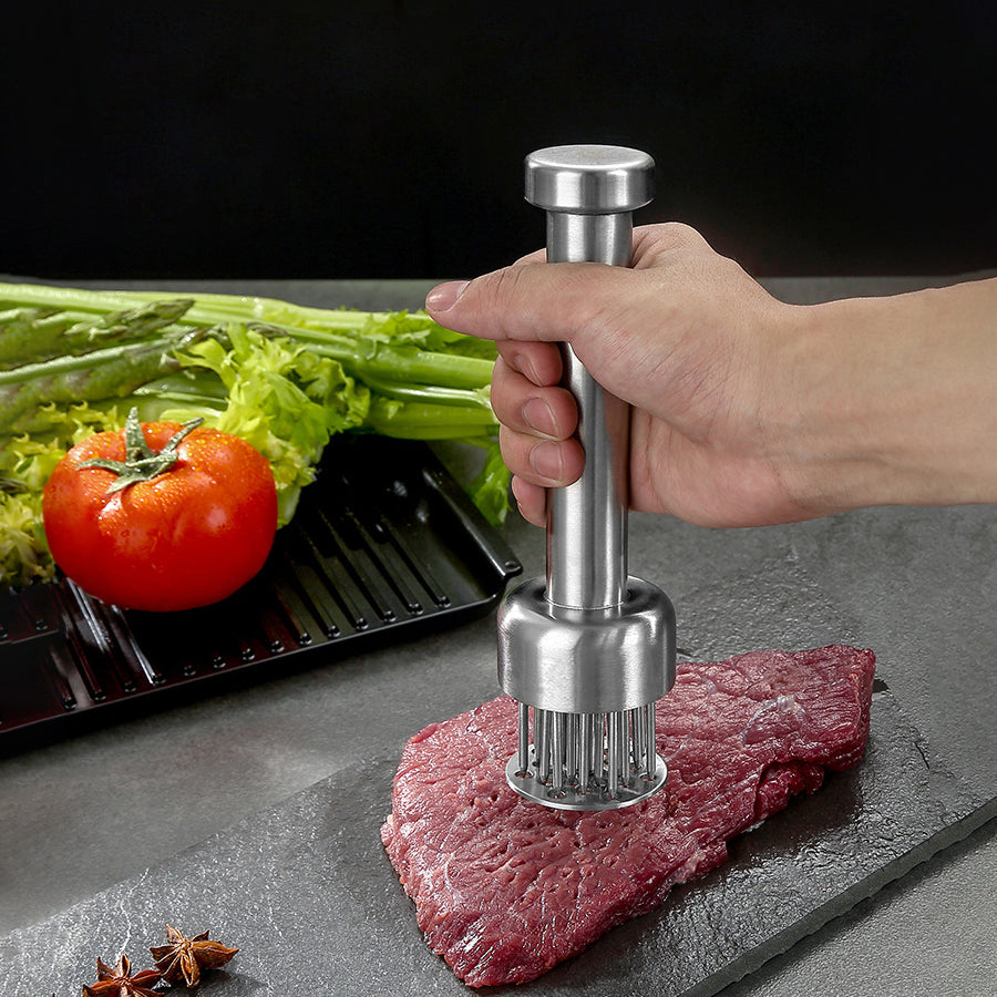Quick-Press Blade Tool with Safety Guard & Cleaning Brush for Steak, Chicken, Pork – Commercial-Grade BBQ & Kitchen Tool