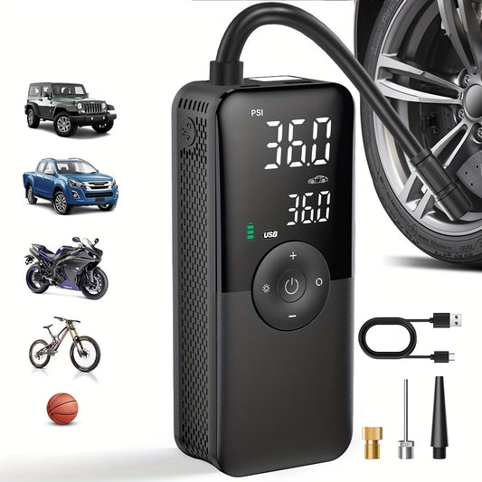[Portable Air Compressor] 2600mAh CARSUN Portable Air Compressor Pump - USB Rechargeable Digital Tire Inflator for Cars, Motorcycles & Bicycles, 36V Max Voltage, Includes Accessories (Ball Pump, Tire Levers, Screwdriver)