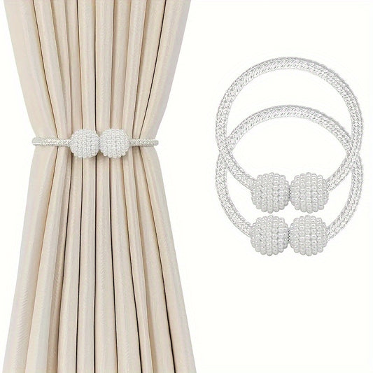 Two Modern Style Curtain Ties, Curtain Fixer Decorative Rope Classic Tie Design with Pearl Decoration, Magnetic, Suitable for Home Office Curtains