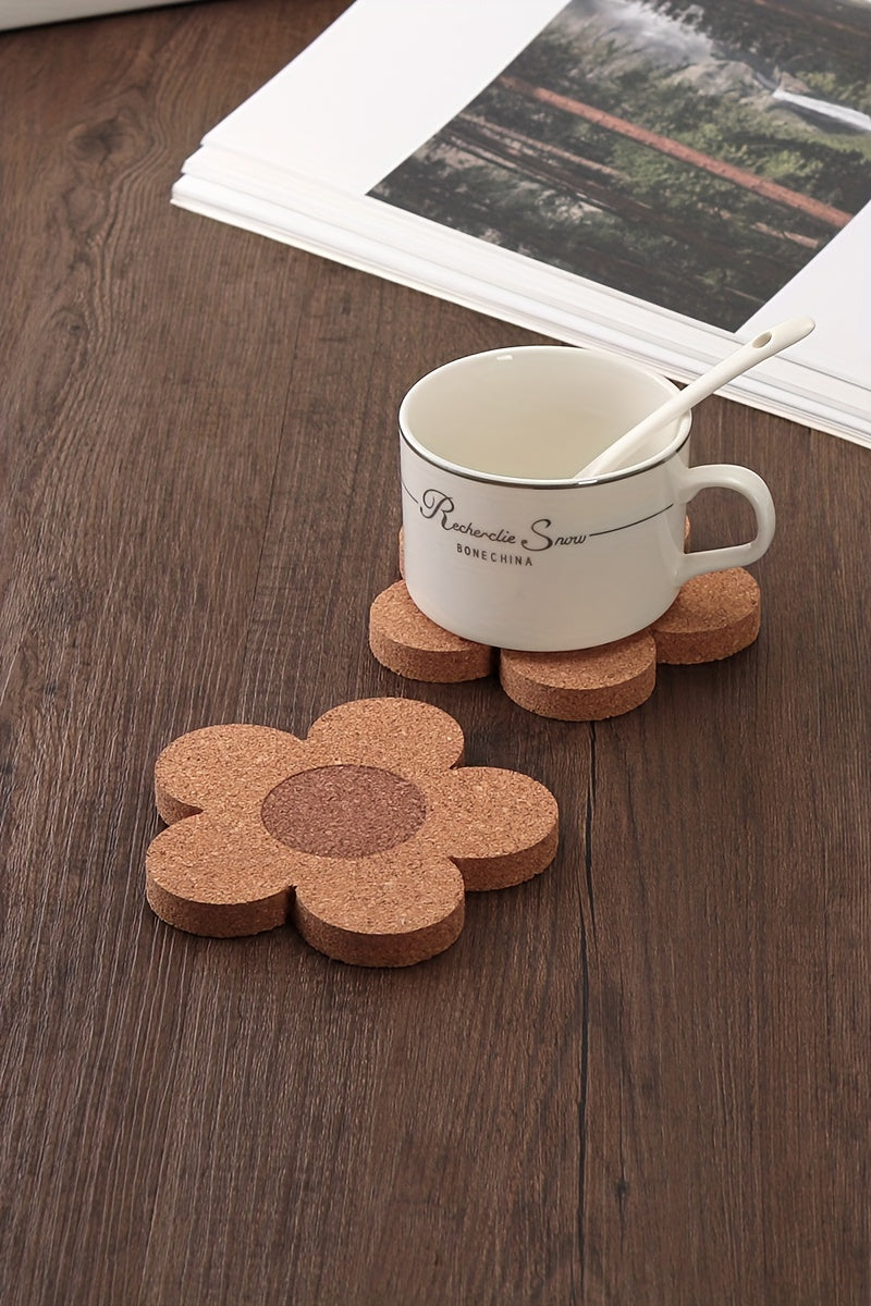 10 pcs Cork Coasters, Floral Shape Heat Insulation Mat, Simple Solid Color Washable Non-slip Anti-scalding Placemat, Kitchen Supplies, Car Coaster, Room Decor