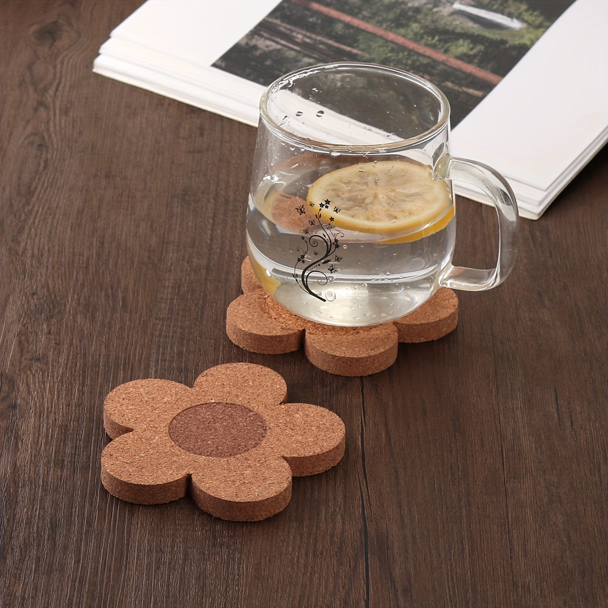 10 pcs Cork Coasters, Floral Shape Heat Insulation Mat, Simple Solid Color Washable Non-slip Anti-scalding Placemat, Kitchen Supplies, Car Coaster, Room Decor
