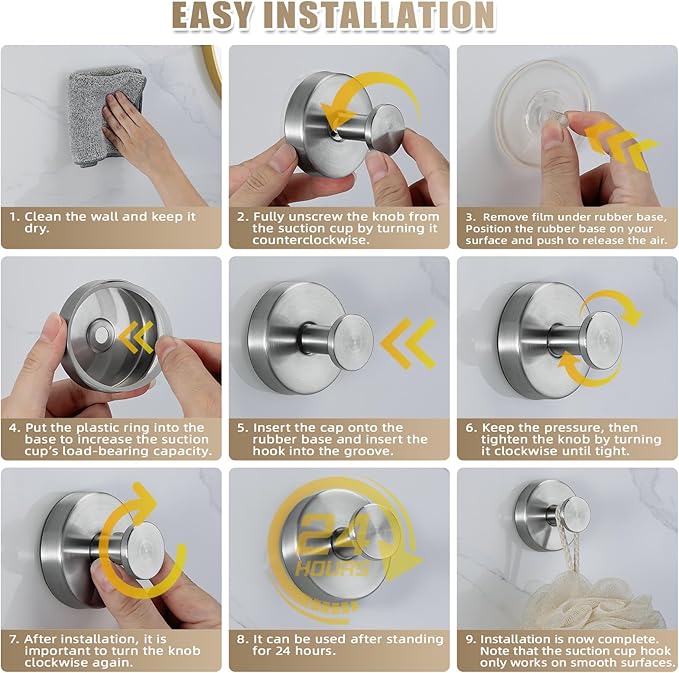 Suction Cup Hooks for Shower, Towel Hooks for Bathroom, Kitchen, Glass Door, Mirror, Tile, – Loofah, Towel, Bath Robe Hooks for Hanging up to 15 lbs, Brushed Silver (2 Pack)