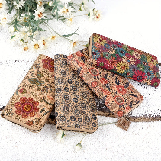 Bohemian Style Women'S Wallet/ Card holder with Multifunctional Purse/ Vintage Floral Cork Wallet with Multiple Card Slots, Anti-Theft RFID Blocking, Large Capacity Zippered Envelope Clutch