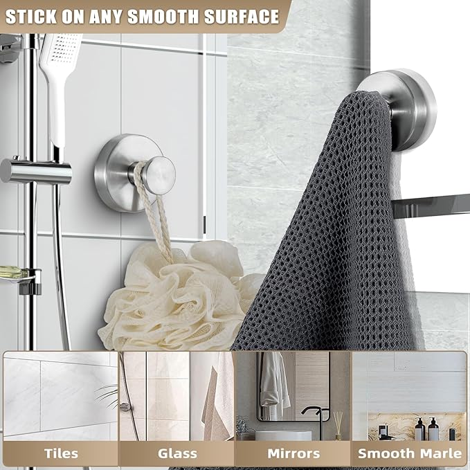 Suction Cup Hooks for Shower, Towel Hooks for Bathroom, Kitchen, Glass Door, Mirror, Tile, – Loofah, Towel, Bath Robe Hooks for Hanging up to 15 lbs, Brushed Silver (2 Pack)